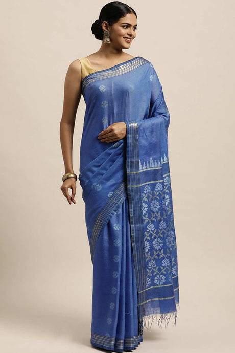 Buy Blended Silk Zari Woven Saree in Blue Online