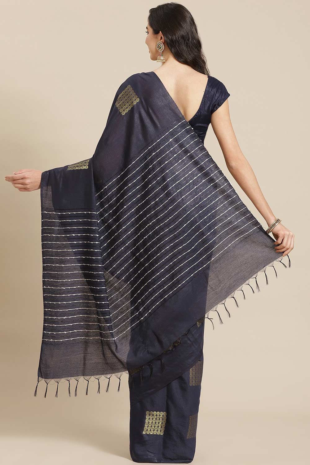 Buy Blended Silk Zari Woven Saree in Navy Blue Online - Back