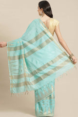 Buy Blended Silk Zari Woven Saree in Sky Blue Online - Back