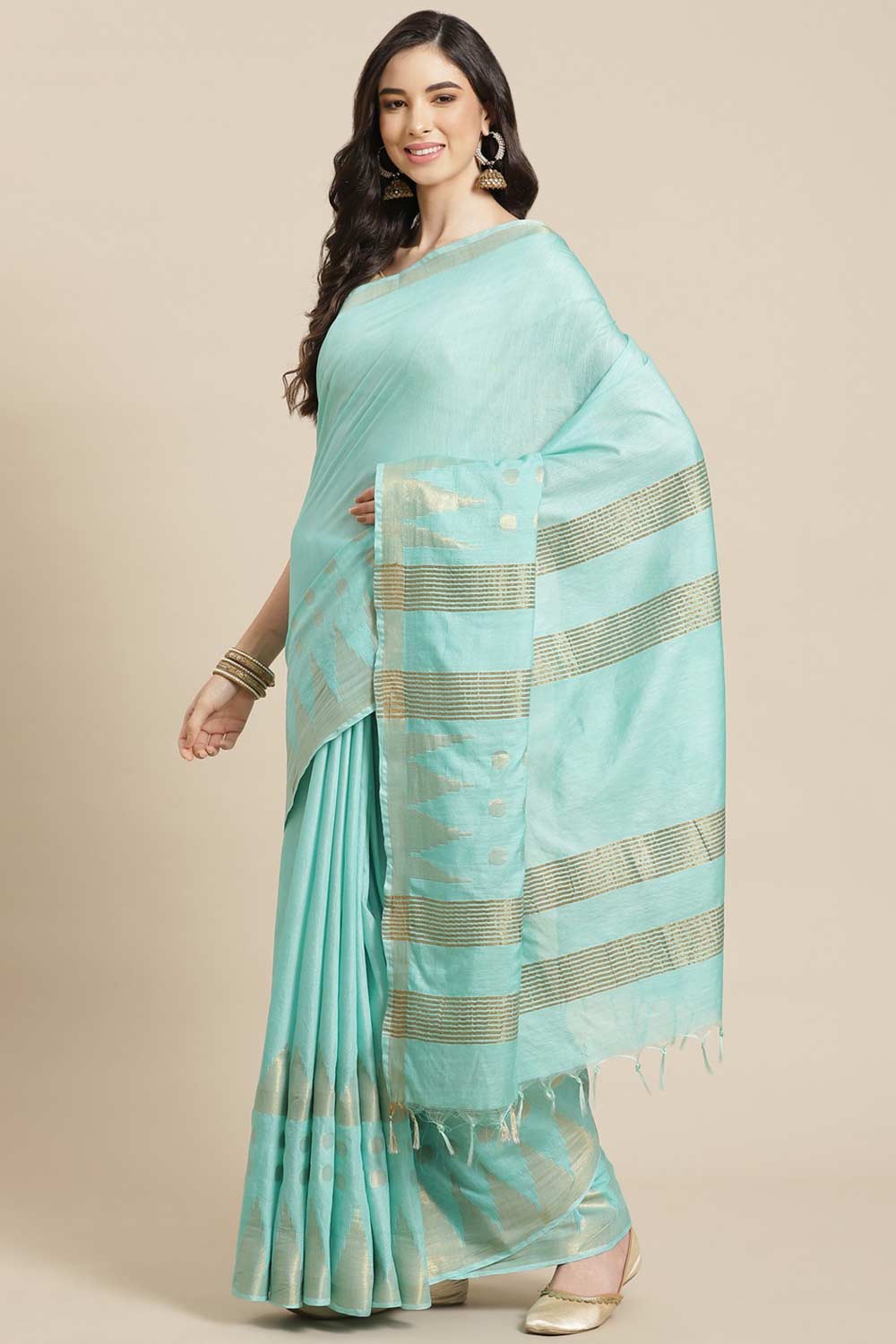 Buy Blended Silk Zari Woven Saree in Sky Blue Online