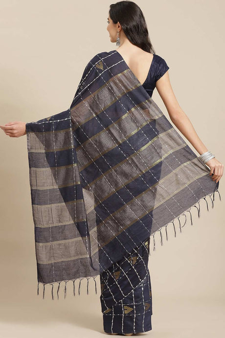 Buy Blended Silk Zari Woven Saree in Navy Blue Online - Back