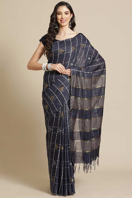 Buy Blended Silk Zari Woven Saree in Navy Blue Online