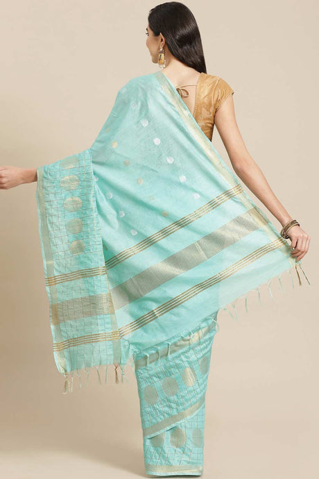 Buy Blended Silk Zari Woven Saree in Turquoise Blue Online - Back