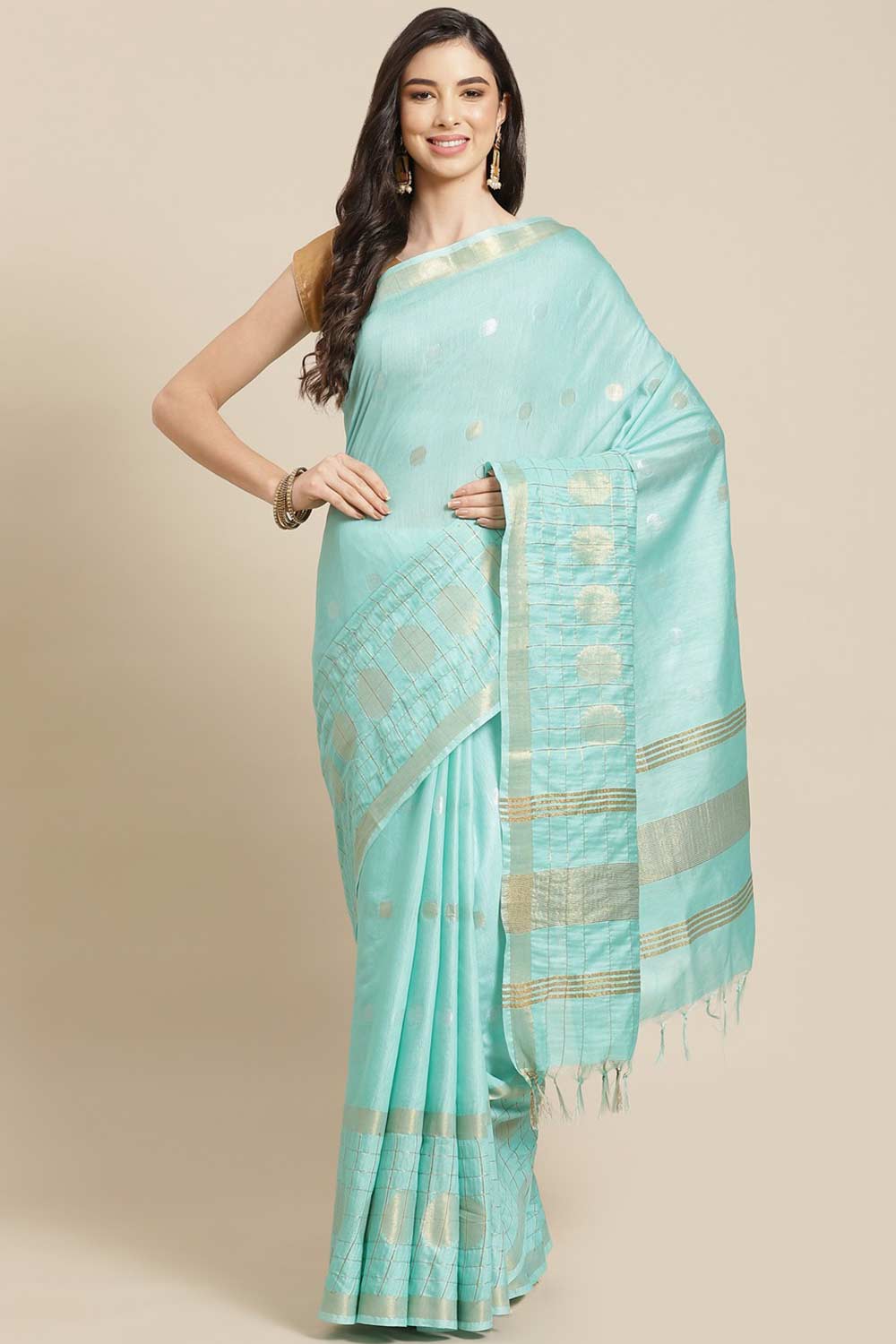 Buy Blended Silk Zari Woven Saree in Turquoise Blue Online