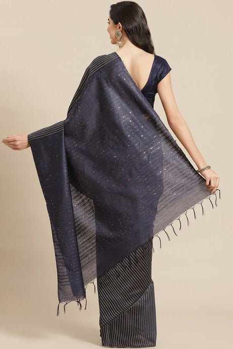 Buy Blended Silk Woven Saree in Navy Blue Online - Back