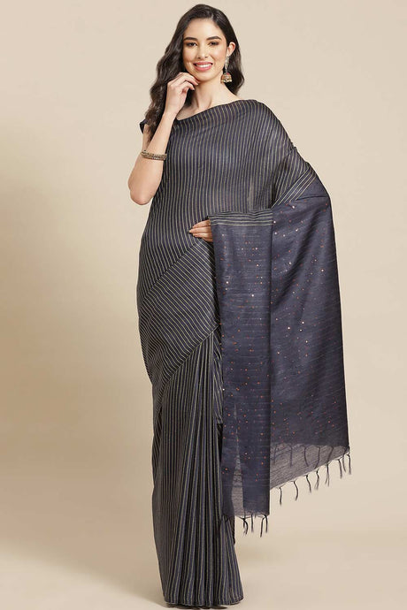 Buy Blended Silk Woven Saree in Navy Blue Online