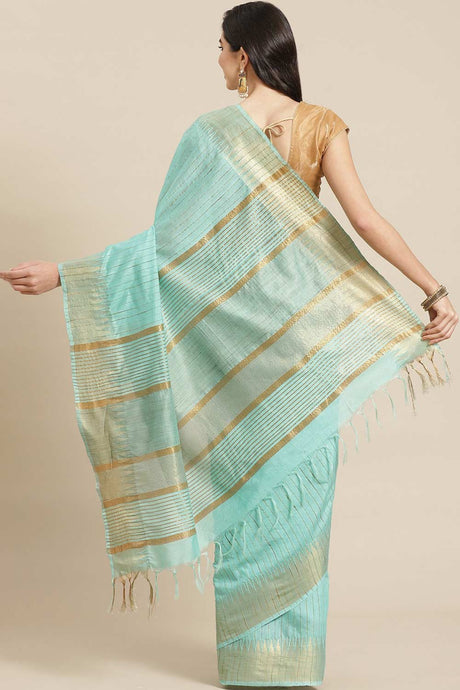 Buy Blended Silk Zari Woven Saree in Sky Blue Online - Back