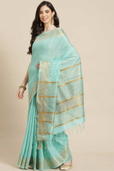 Buy Blended Silk Zari Woven Saree in Sky Blue Online