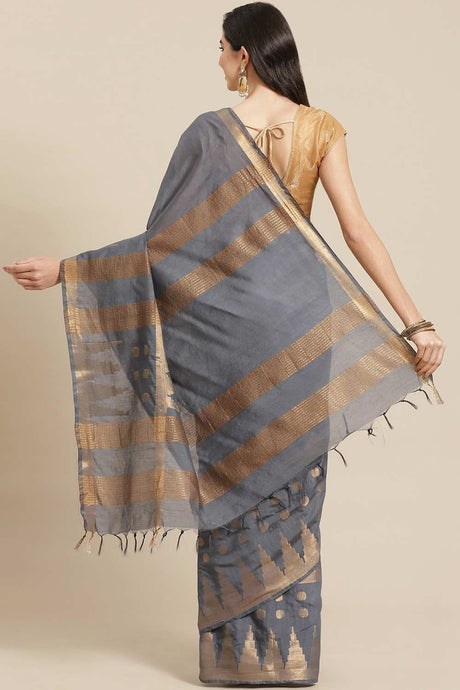 Buy Blended Silk Zari Woven Saree in Grey Online - Back