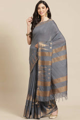 Buy Blended Silk Zari Woven Saree in Grey Online