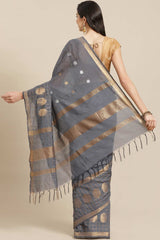 Buy Blended Silk Zari Woven Saree in Grey Online - Back