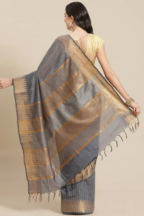 Buy Blended Silk Zari Woven Saree in Grey Online - Back