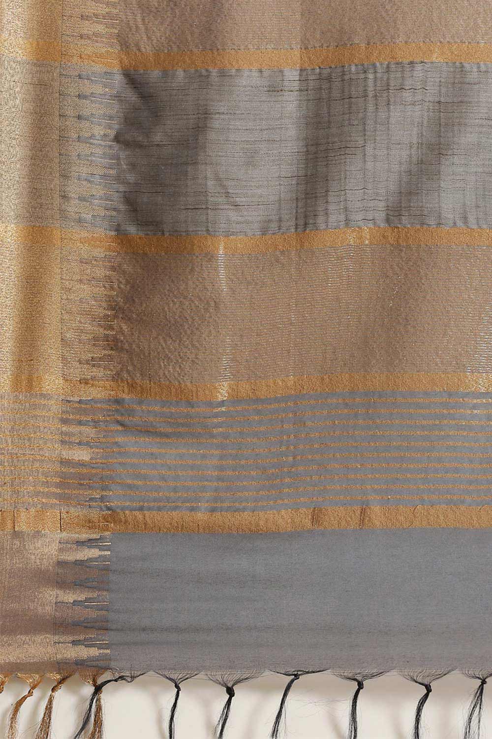 Buy Blended Silk Zari Woven Saree in Grey Online - Side