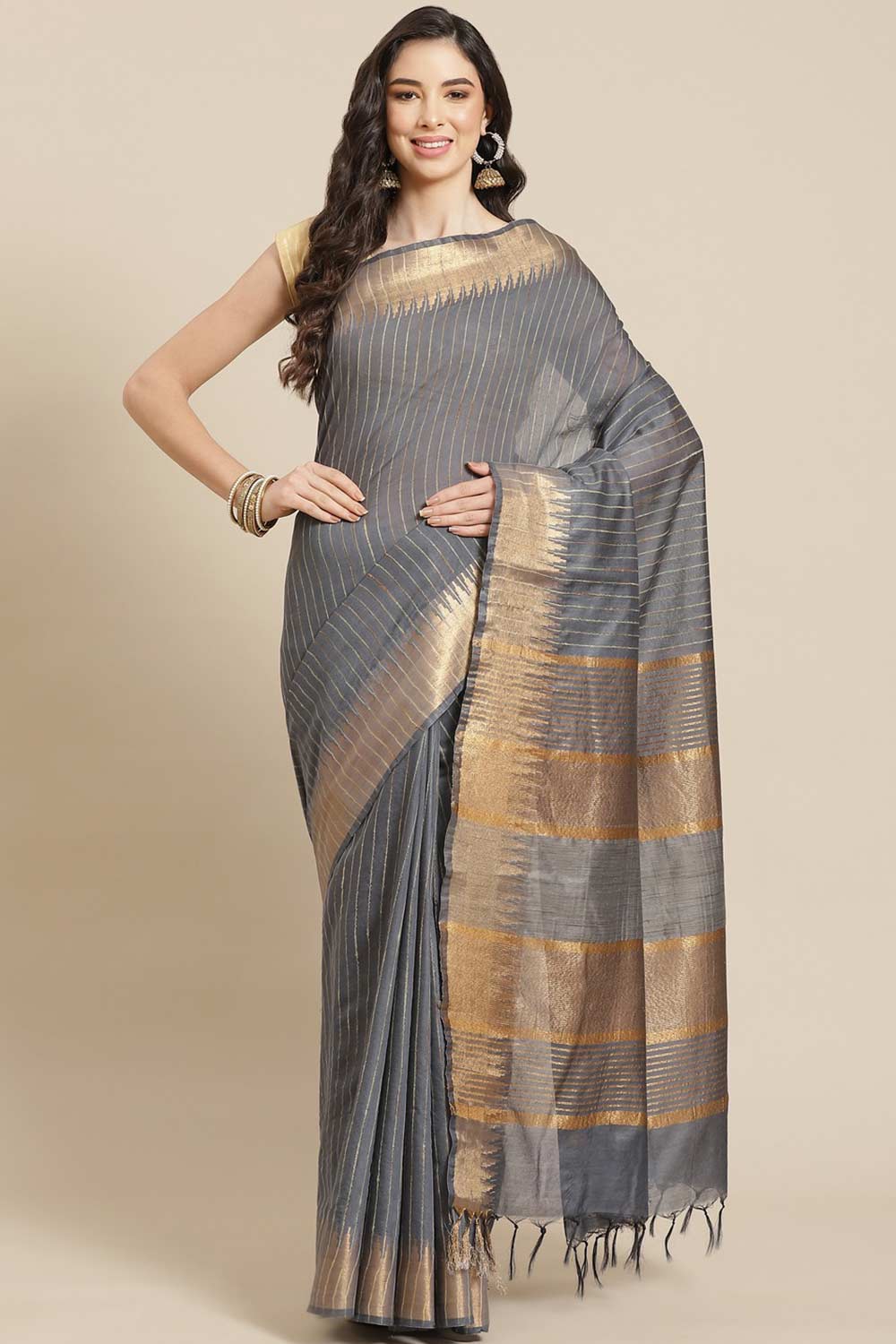 Buy Blended Silk Zari Woven Saree in Grey Online