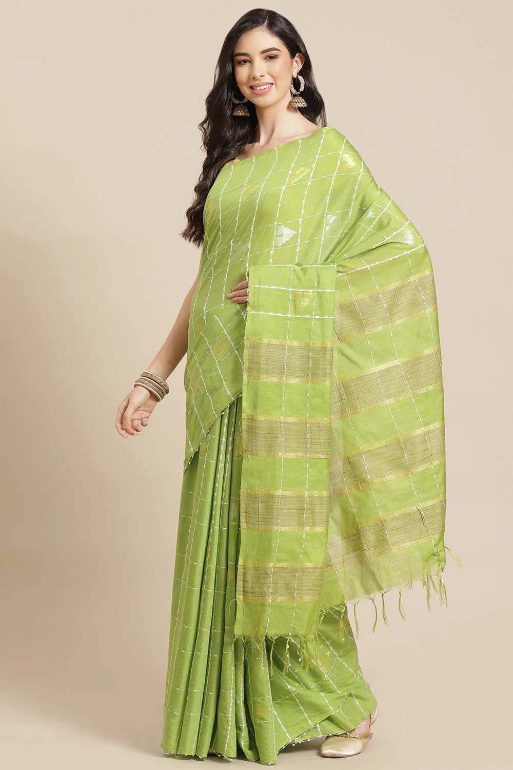 Buy Blended Silk Zari Woven Saree in Green Online