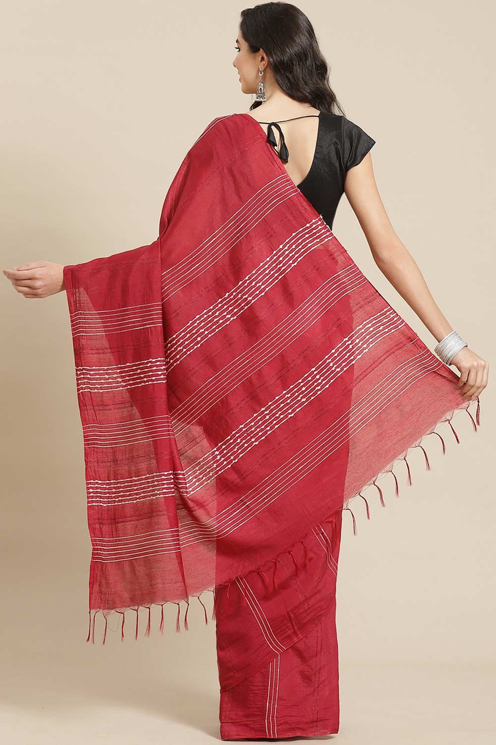 Buy Blended Silk Woven Saree in Maroon Online - Back