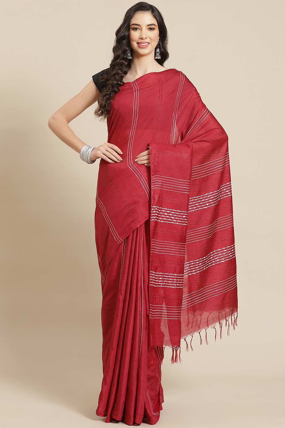 Buy Blended Silk Woven Saree in Maroon Online