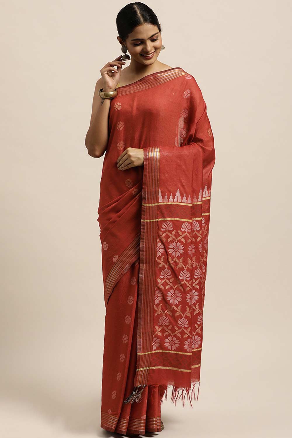 Buy Blended Silk Zari Woven Saree in Dark Brown Online