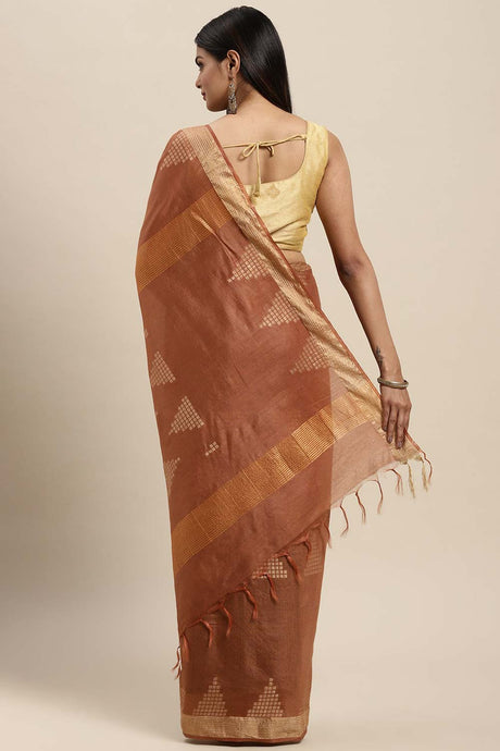 Silk Blend Woven Saree In Brown