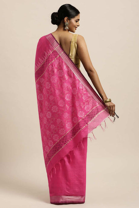 Buy Blended Silk Zari Woven Saree in Pink Online - Back