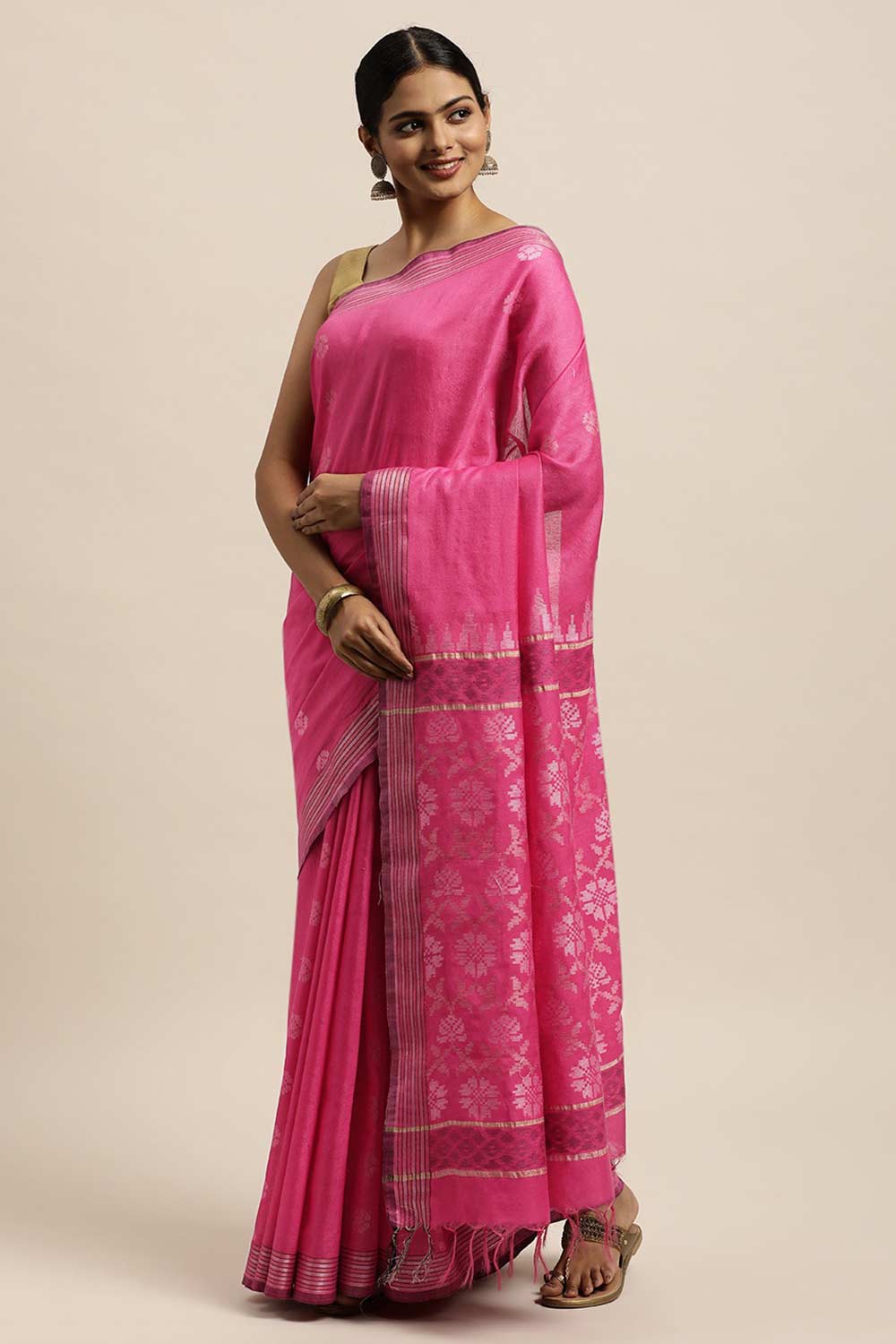Buy Blended Silk Zari Woven Saree in Pink Online