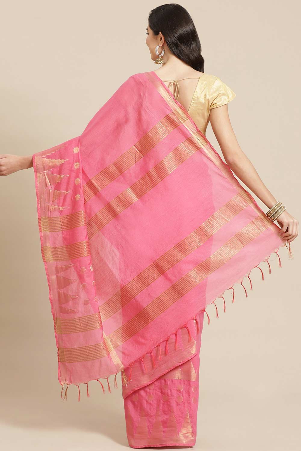 Buy Blended Silk Zari Woven Saree in Pink Online - Back