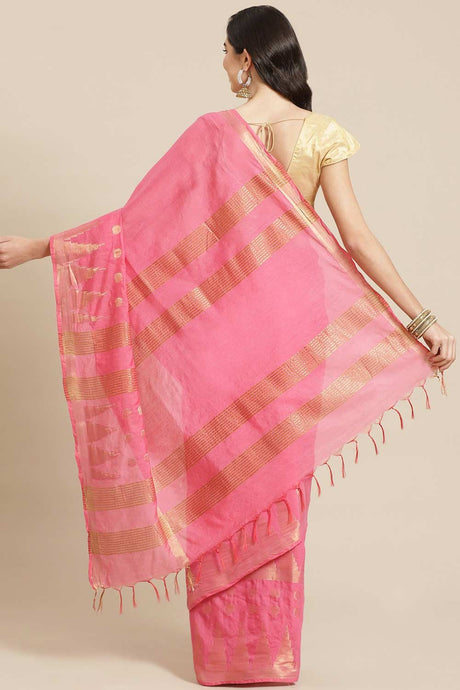 Buy Blended Silk Zari Woven Saree in Pink Online - Back