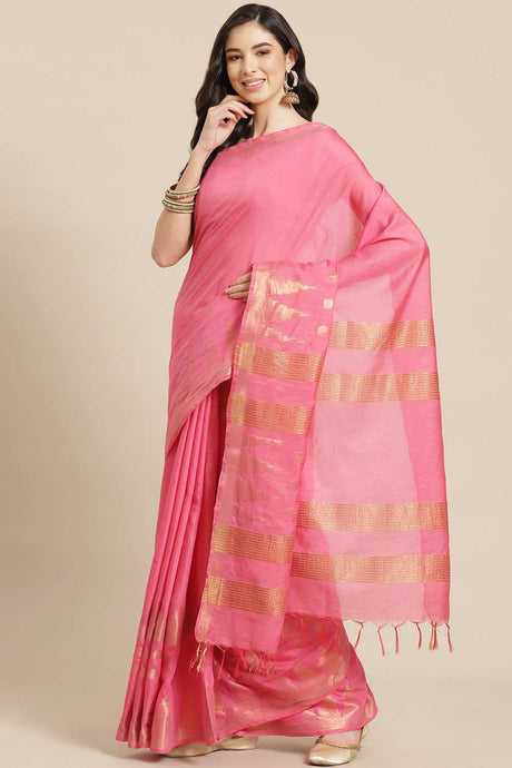 Buy Blended Silk Zari Woven Saree in Pink Online