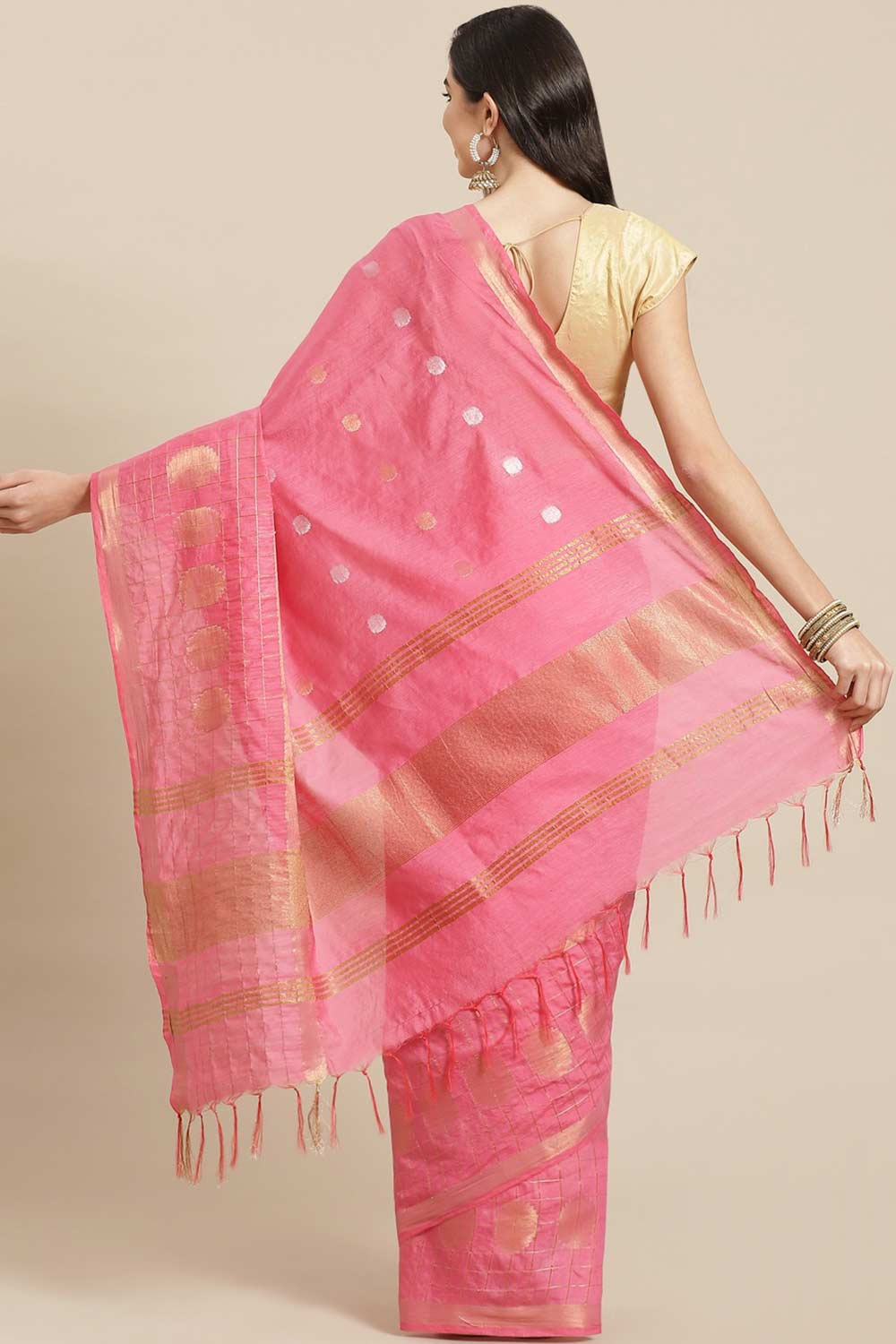 Buy Blended Silk Zari Woven Saree in Light Pink Online - Back