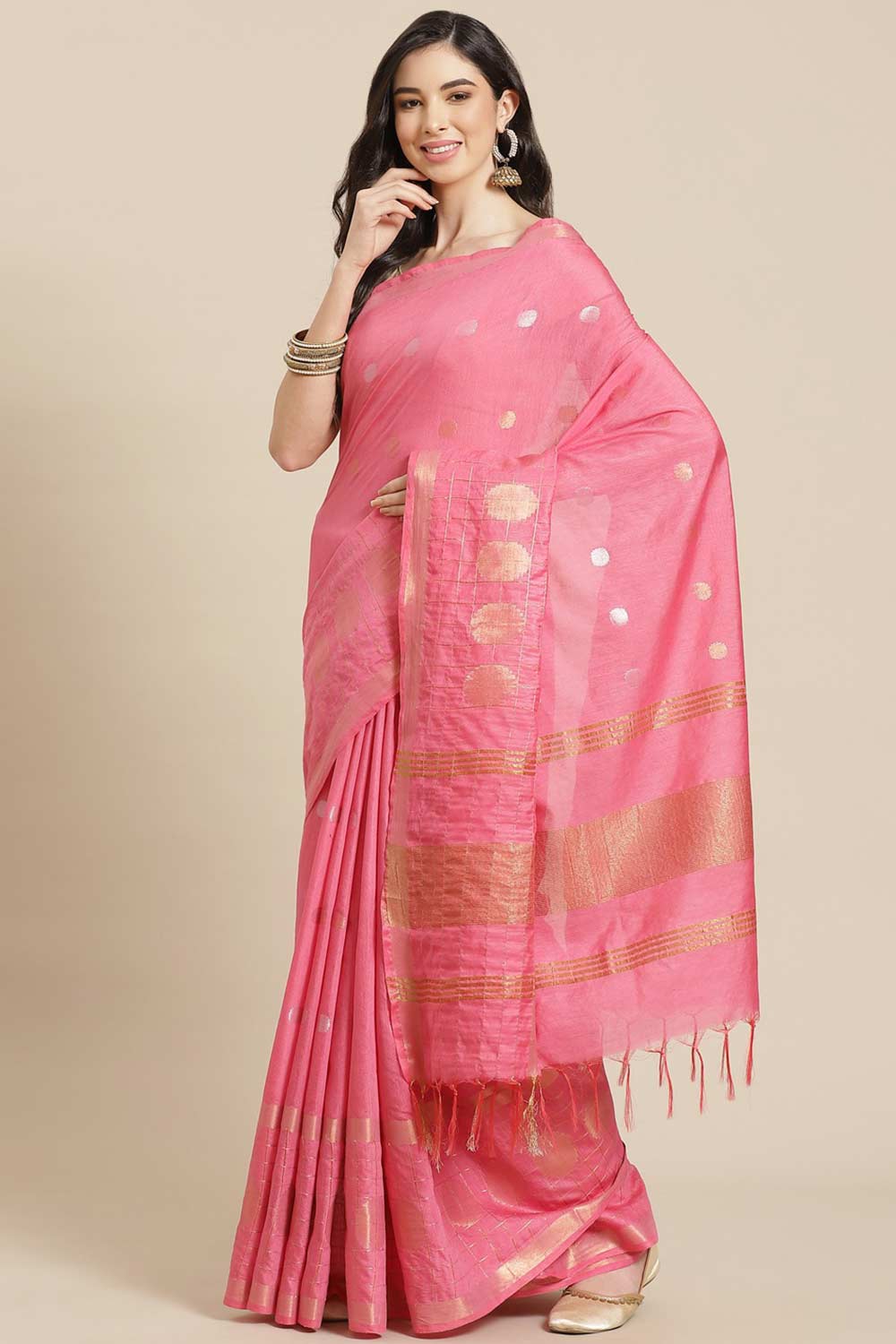 Buy Blended Silk Zari Woven Saree in Light Pink Online