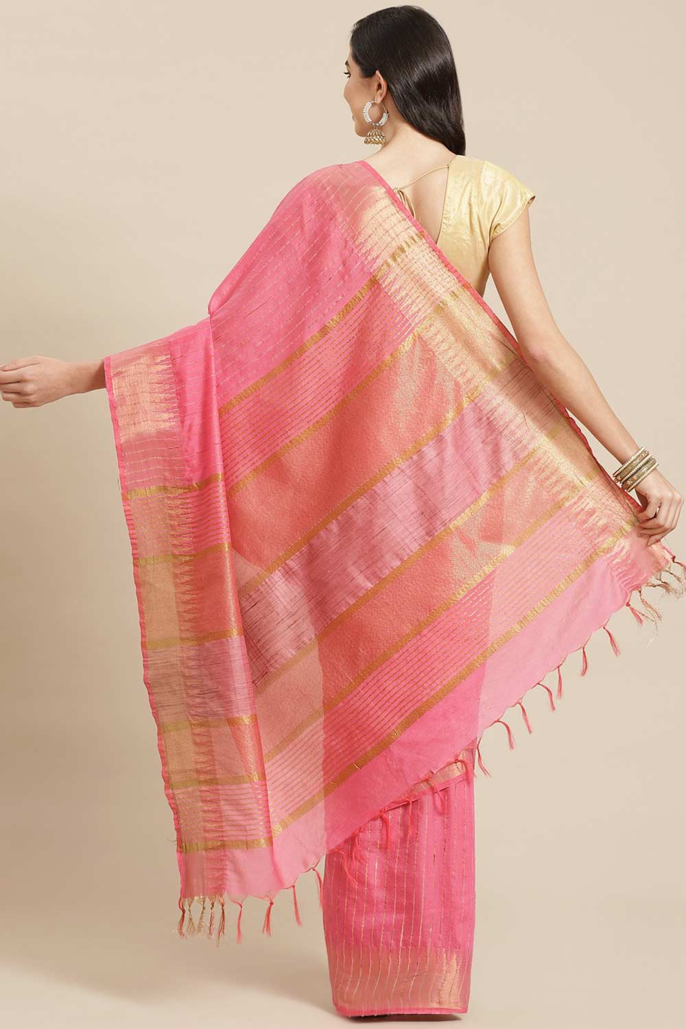 Buy Blended Silk Zari Woven Saree in Pink Online - Back