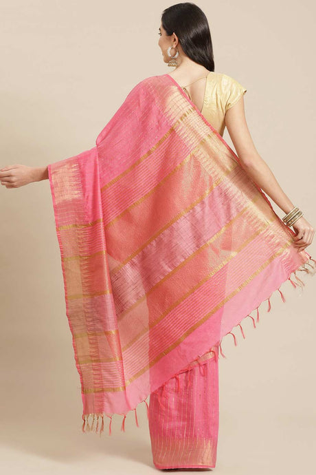 Buy Blended Silk Zari Woven Saree in Pink Online - Back