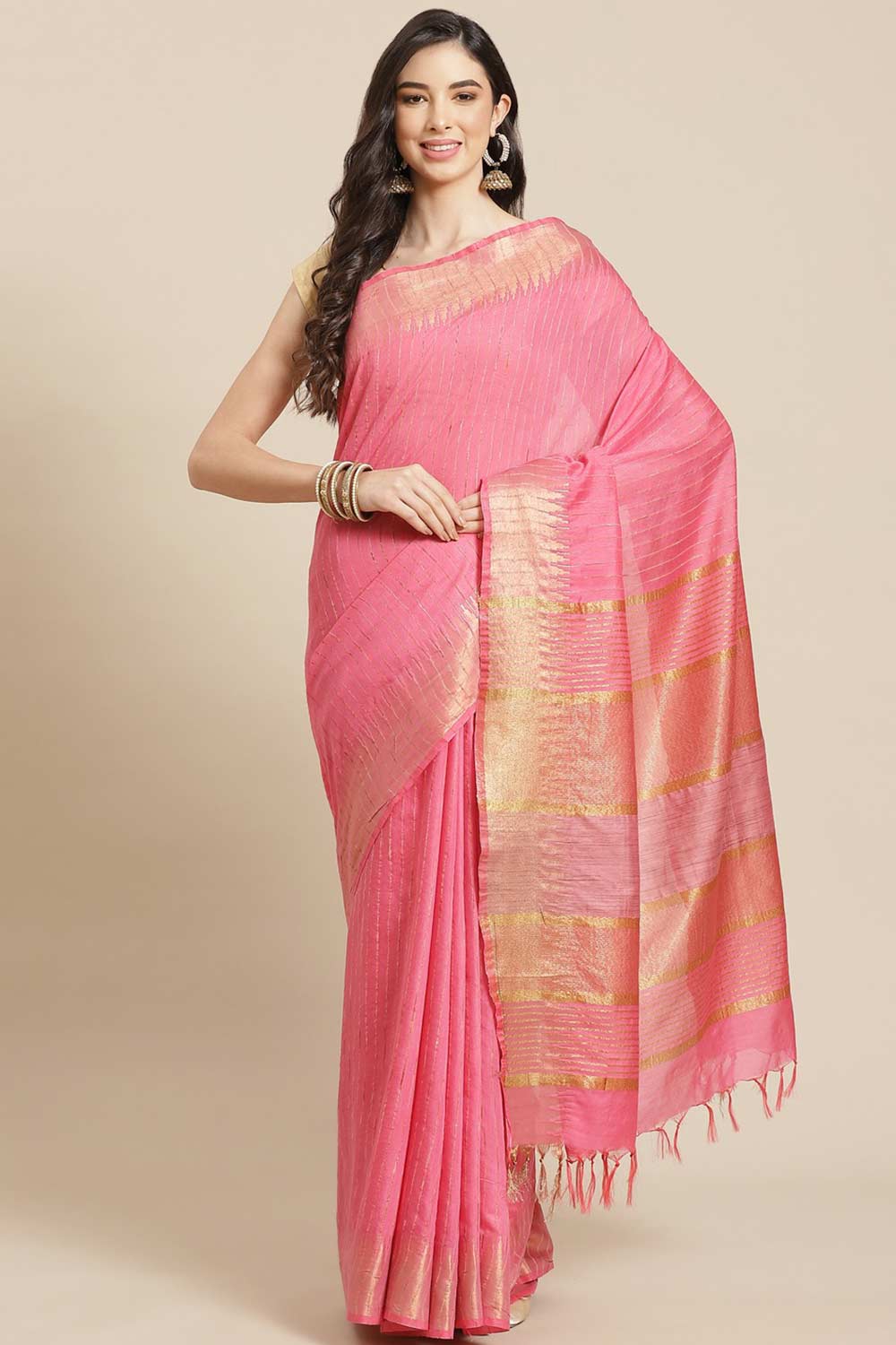 Buy Blended Silk Zari Woven Saree in Pink Online