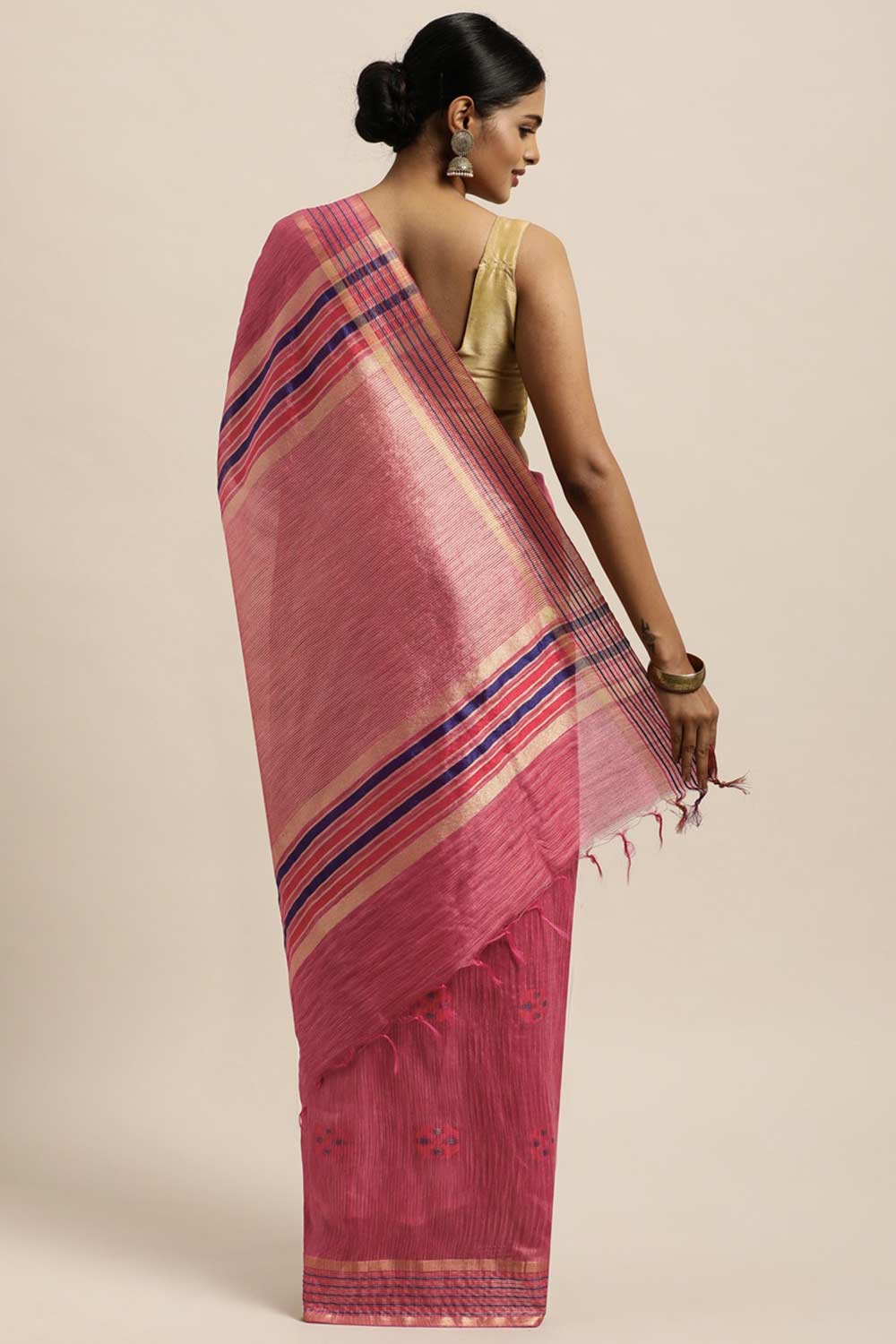 Buy Silk Blend Zari Woven Saree in Pink Online - Back