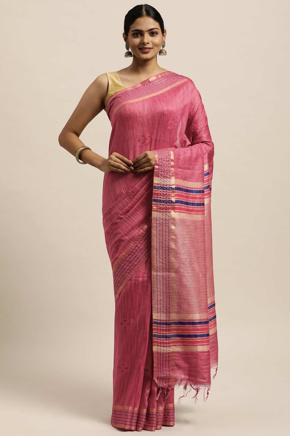 Buy Silk Blend Zari Woven Saree in Pink Online