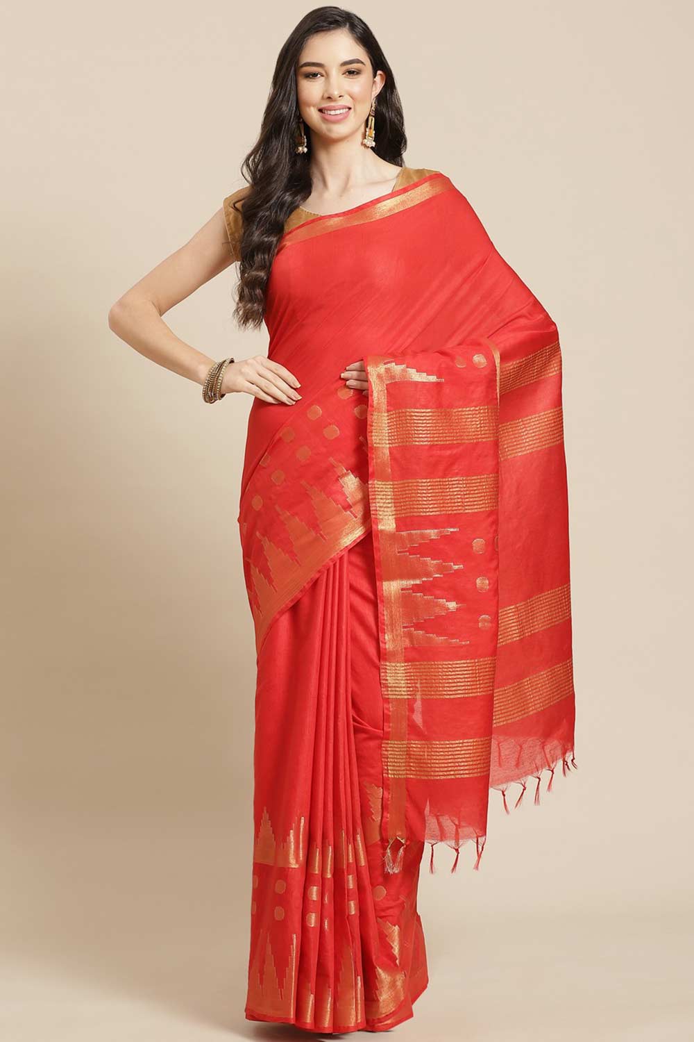 Buy Blended Silk Zari Woven Saree in Red Online