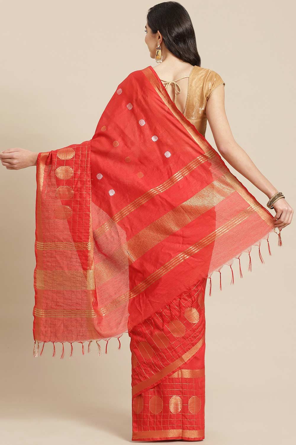 Buy Blended Silk Zari Woven Saree in Red Online - Back