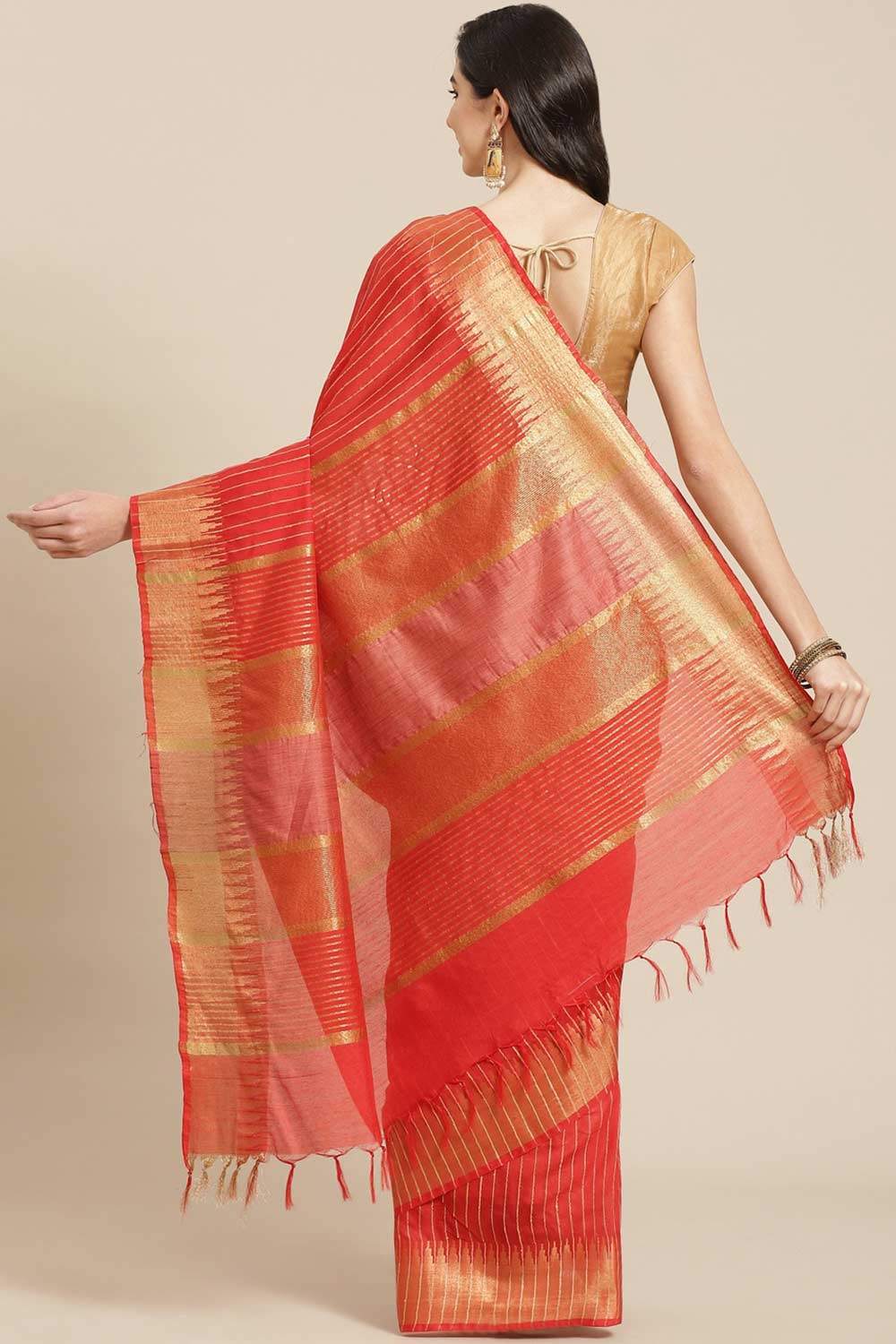 Buy Blended Silk Zari Woven Saree in Red Online - Back