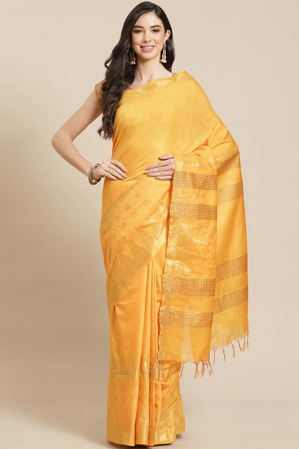 Buy Blended Silk Zari Woven Saree in Yellow Online