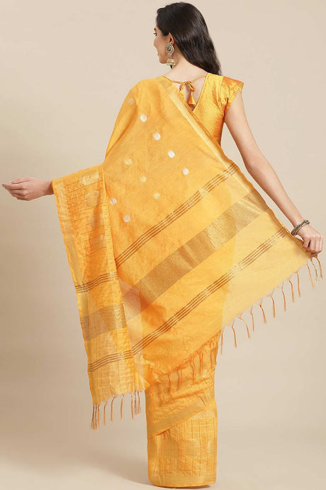 Buy Blended Silk Zari Woven Saree in Yellow Online - Back