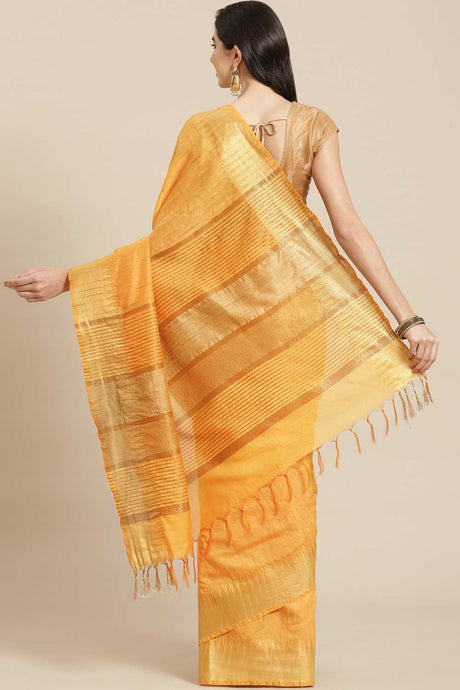 Buy Blended Silk Zari Woven Saree in Light Yellow Online - Back