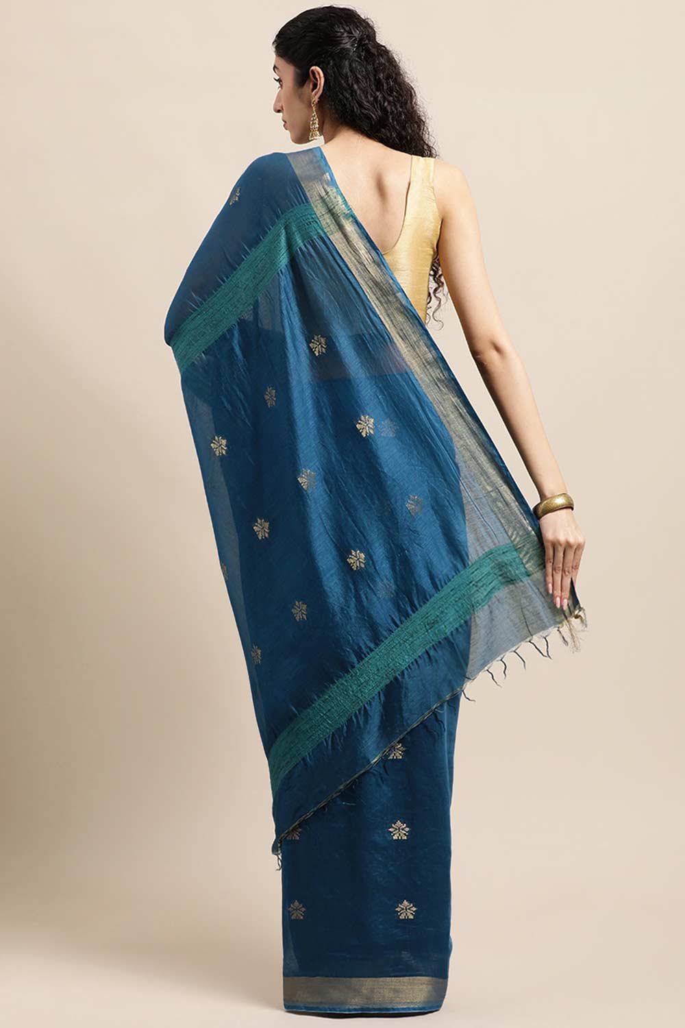 Buy MODAL SILK Zari Woven Saree in Teal Blue Online - Back