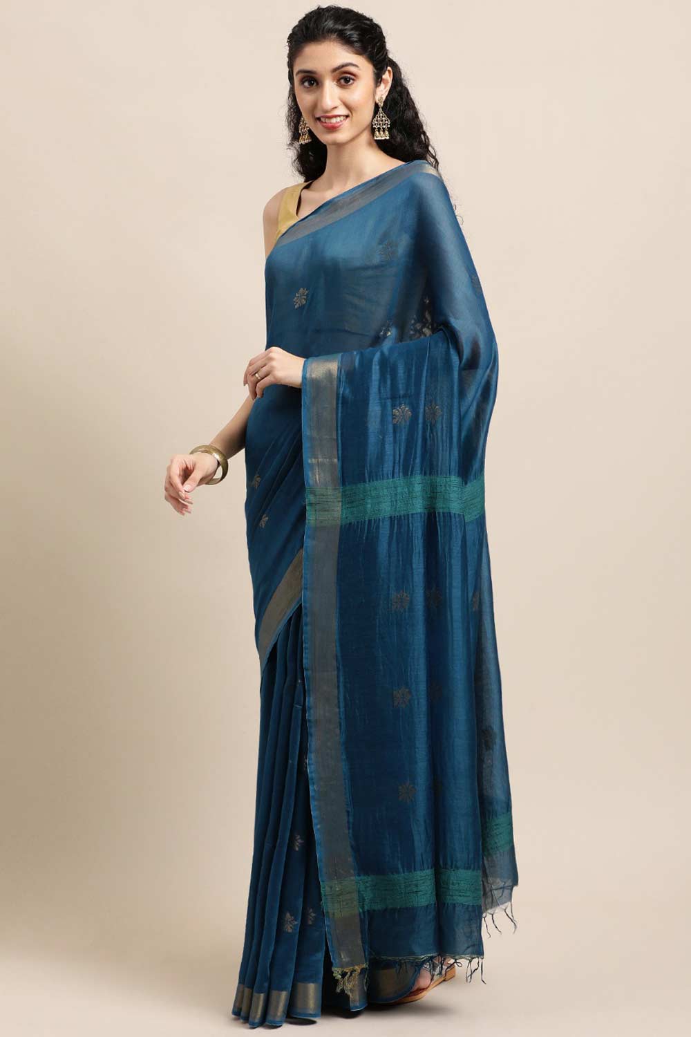 Buy MODAL SILK Zari Woven Saree in Teal Blue Online