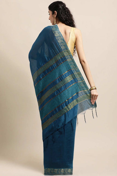 Buy MODAL SILK Solid Saree in Teal Blue Online - Back