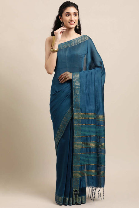 Buy MODAL SILK Solid Saree in Teal Blue Online