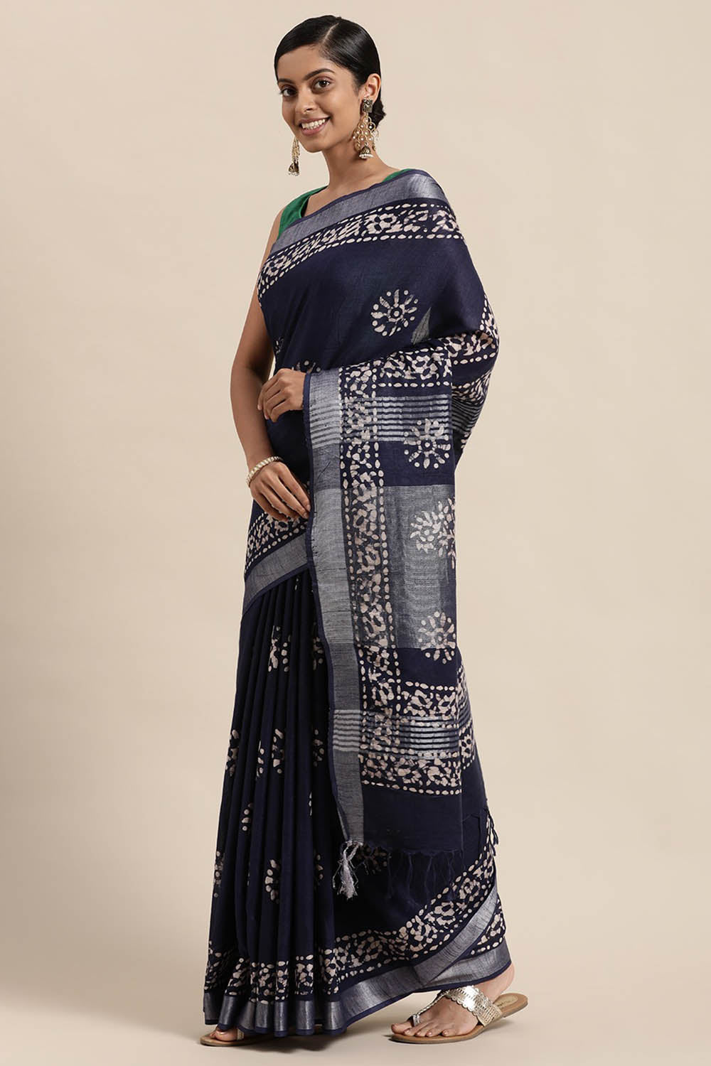 Buy Linen Batik Print Saree in Blue