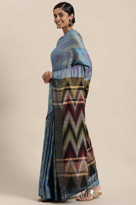 Buy Linen Blend Ikat Printed Saree in Blue Online