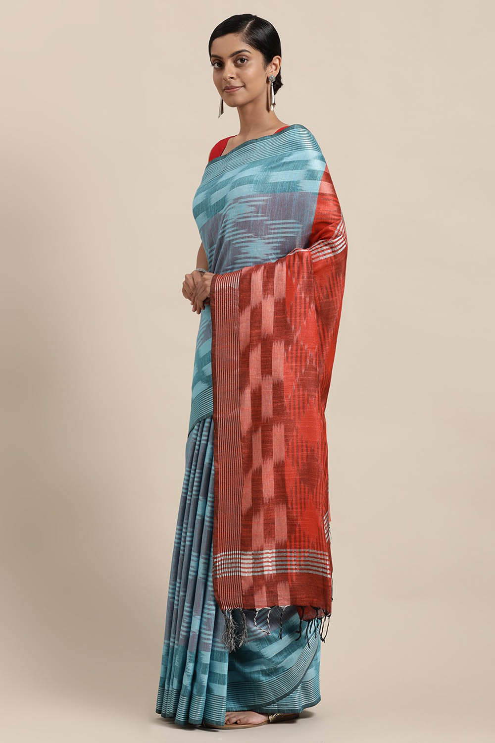 Buy Linen Ikat Saree in Blue