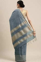 Buy Linen Blend Zari Woven Saree in Grey Online - Back