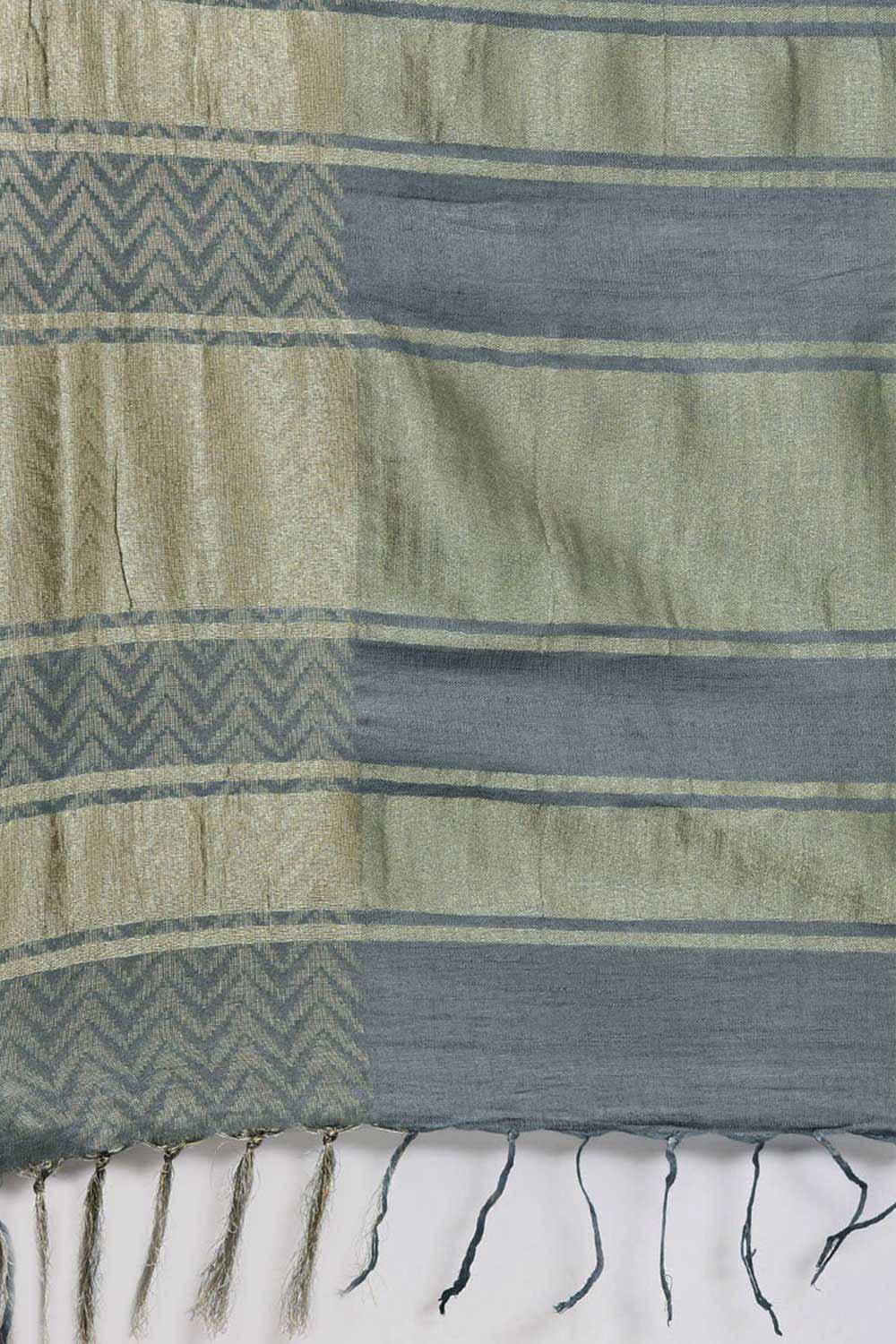 Buy Linen Blend Zari Woven Saree in Grey Online - Side